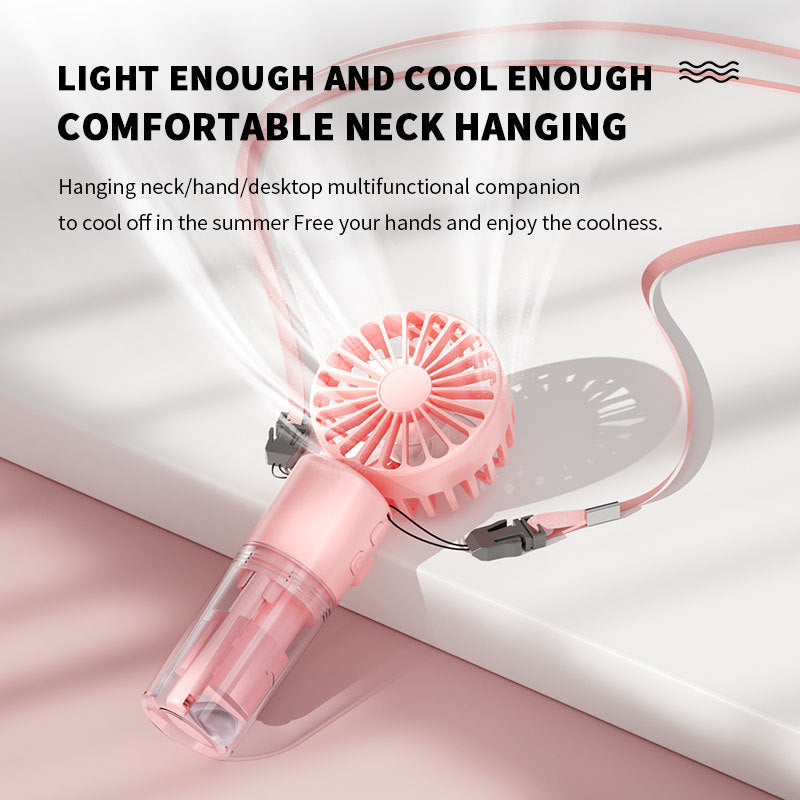 Handheld mist fan worn hands-free on its lanyard