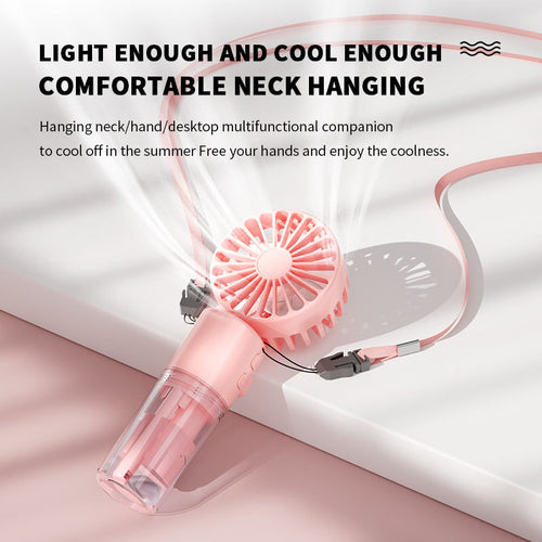 Handheld mist fan worn hands-free on its lanyard