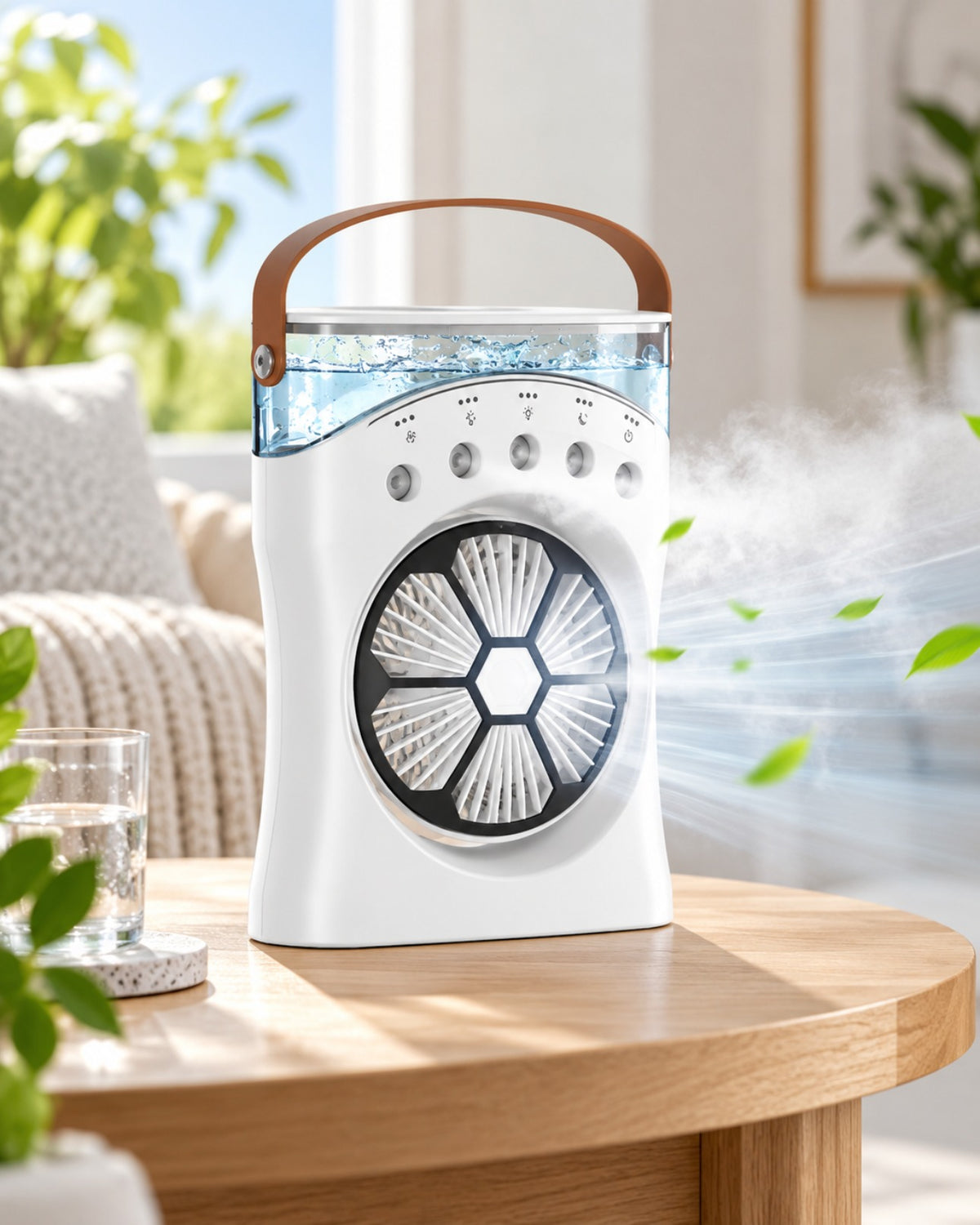 Mist fan cooling a living room