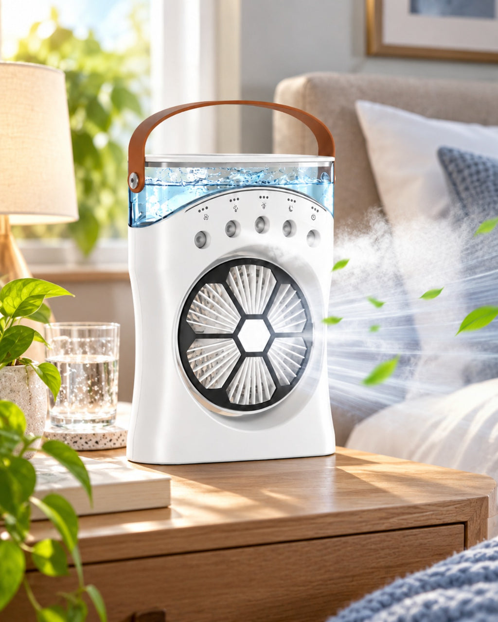 Mist fan on a bedside table