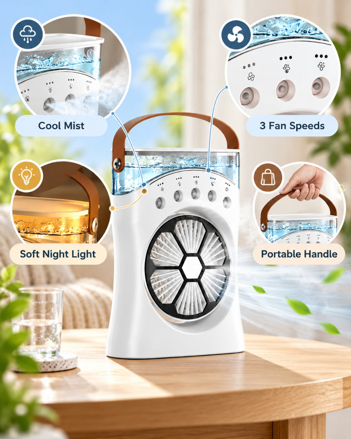 Cool mist, 3 fan speeds, soft night light and portable handle