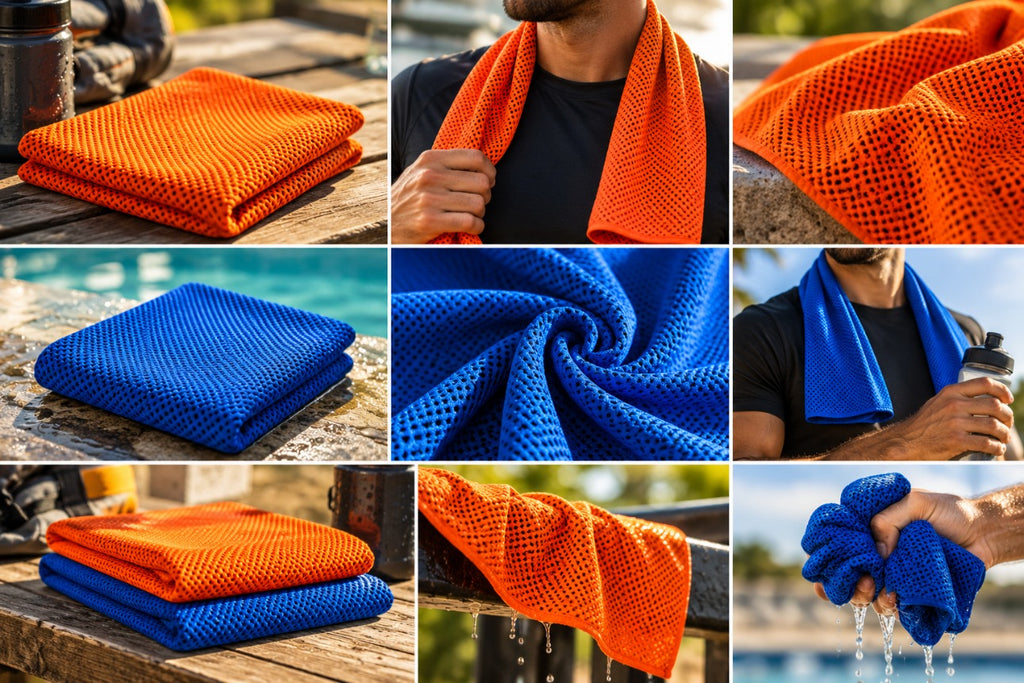 IcyMate cooling towel mesh fabric close-ups in orange and blue